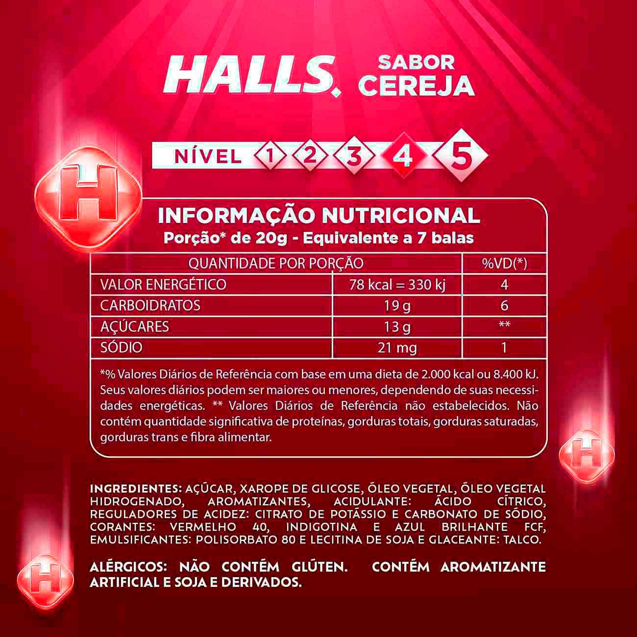 Bala Halls cereja display com 21 unidades de 28gr