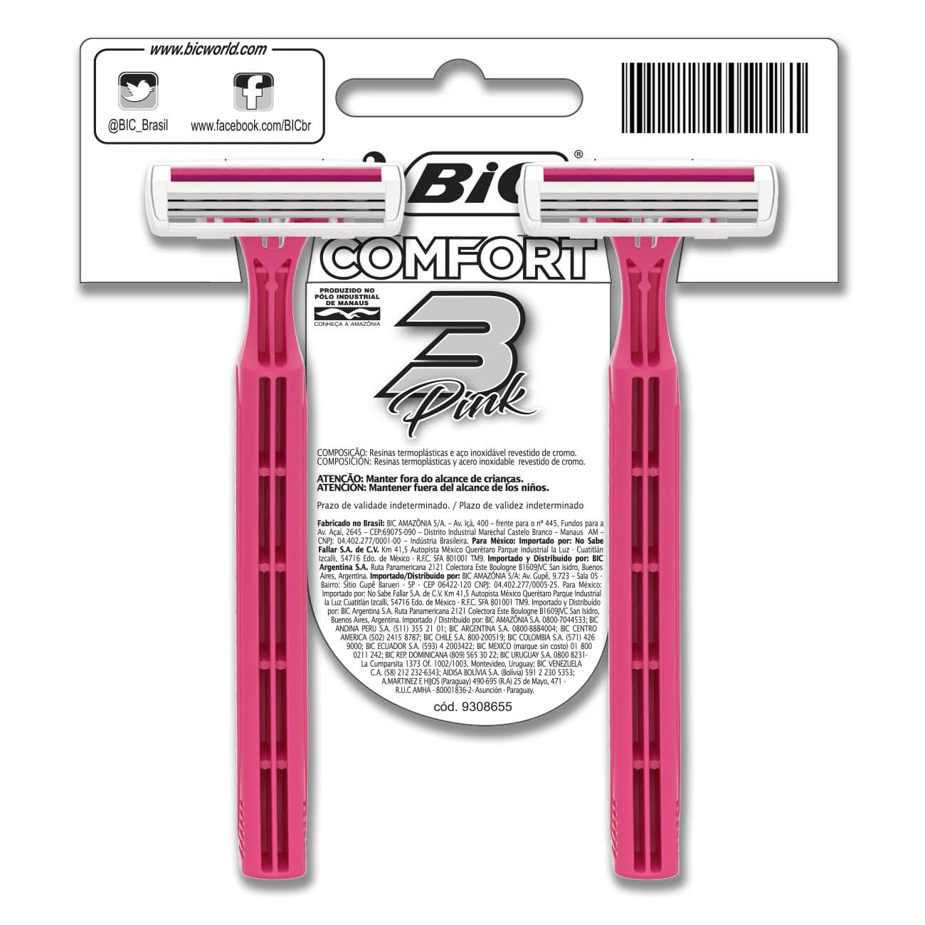 Aparelho de Depilar BIC Comfort 3 Pink com 2 unidades (x12 embalagens)