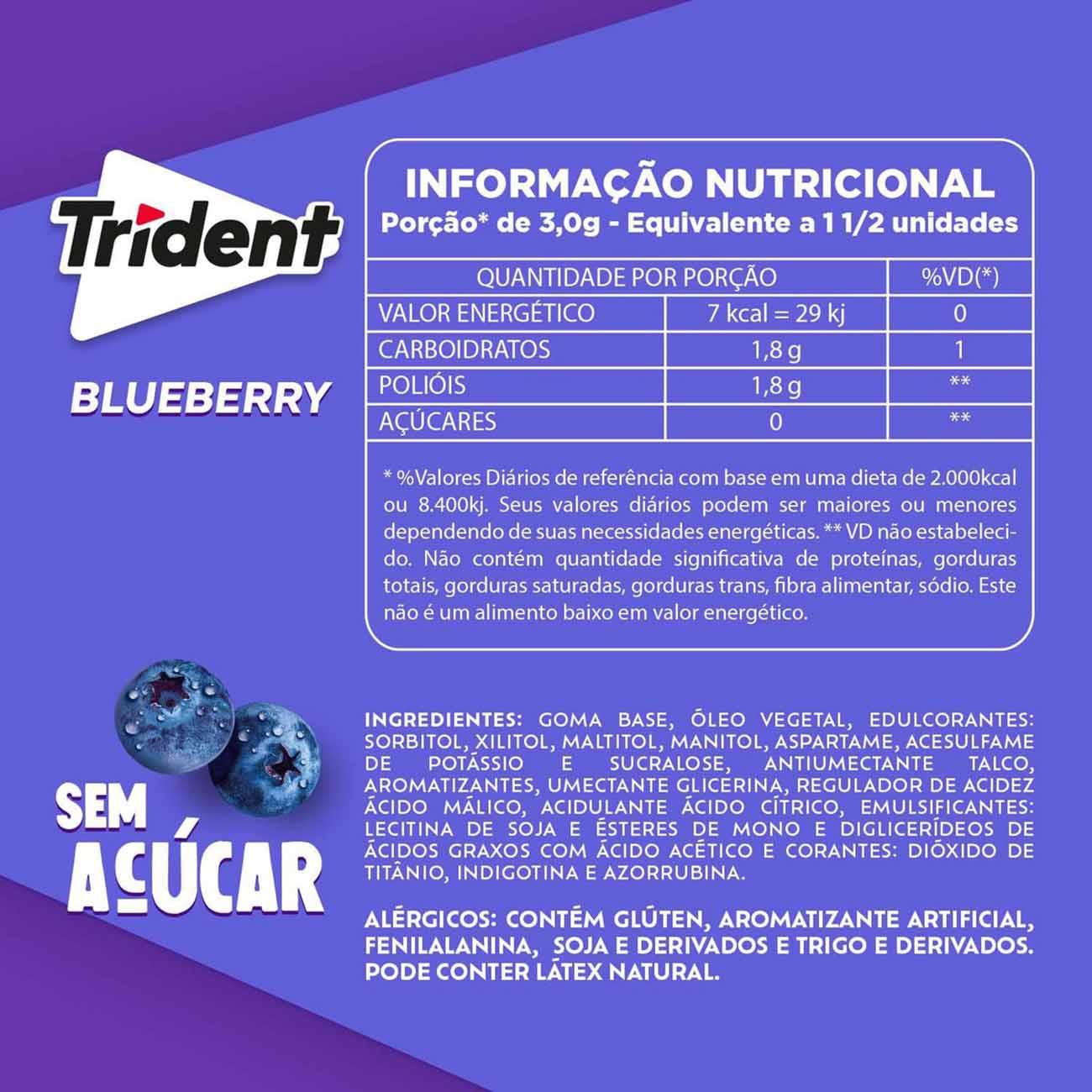 Goma de Mascar Trident Blueberry Display com 12 unidades de 306Gr