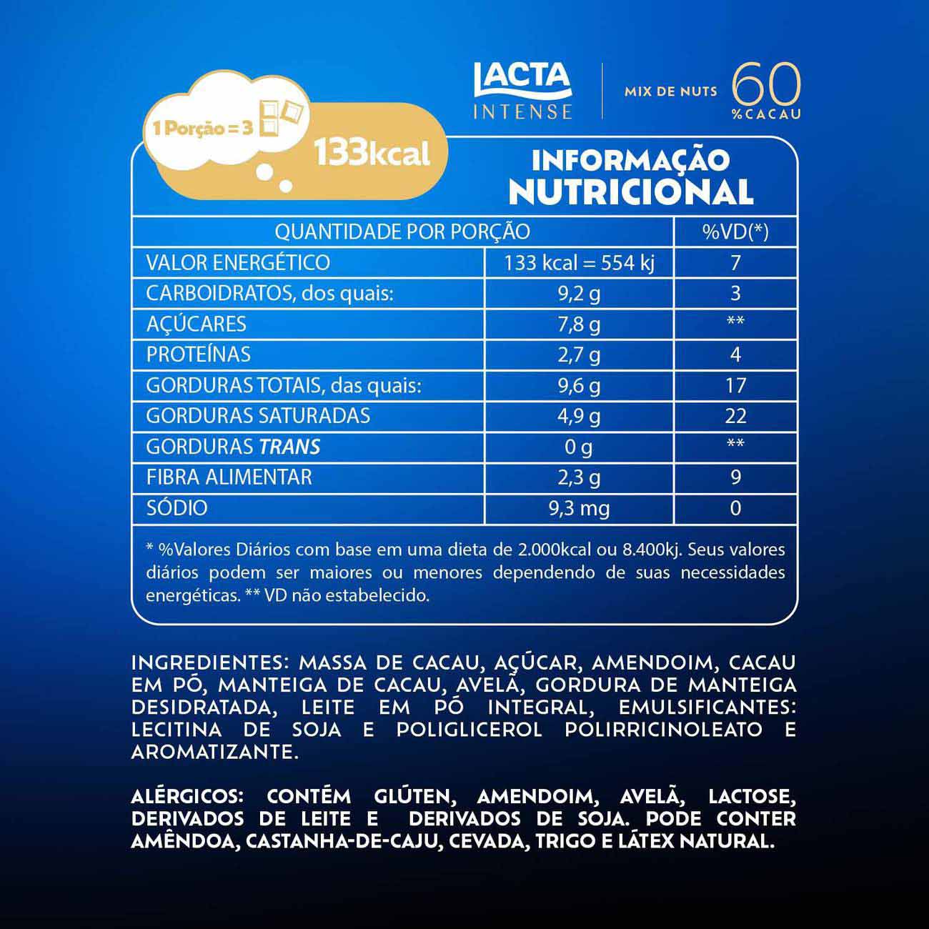 Chocolate Lacta Intense Amargo 60% Cacau Mix de Nuts 85g