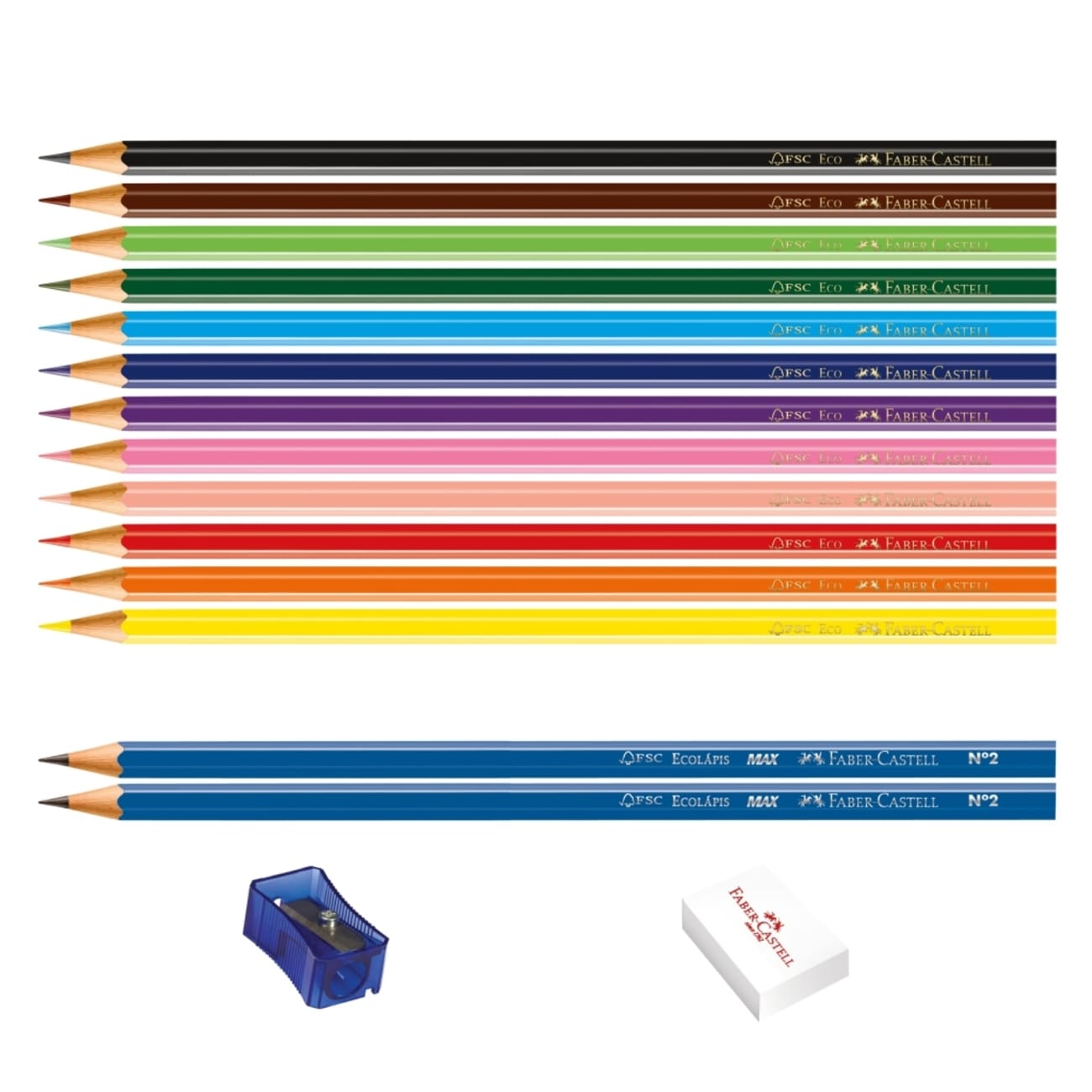 Ecolpis de Cor Faber-Castell Kit Escolar 12 Cores + 2 Ecolpis Grafite + 1 Apontador + 1 Borracha