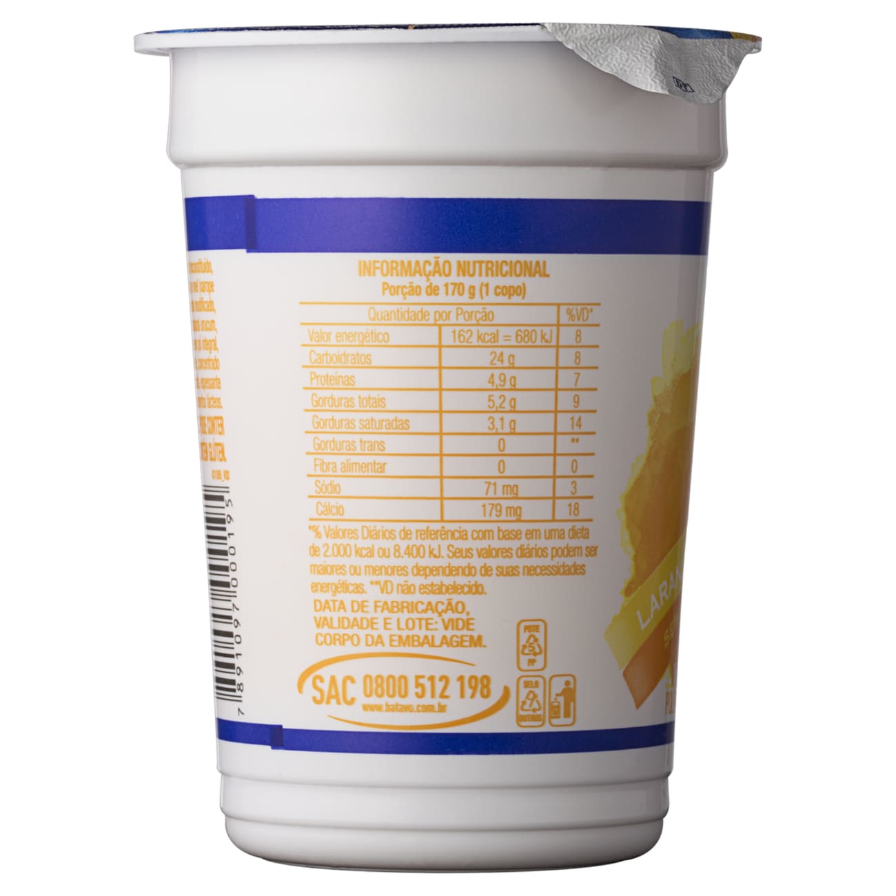 Iogurte Integral com Preparado de Polpa de Cenoura, Suco de Laranja e Mel Batavo Copo 170g