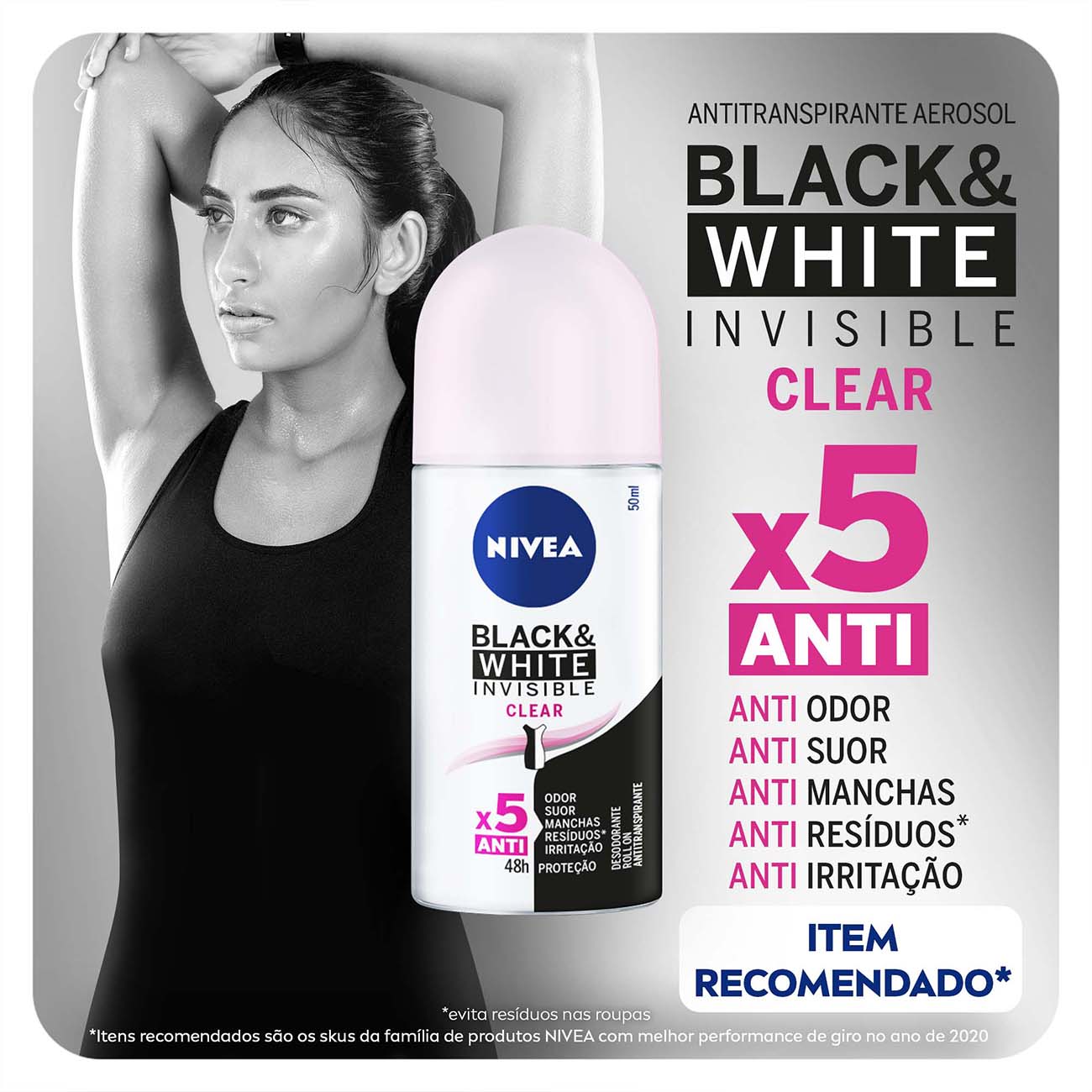 Desodorante Antitranspirante Roll On NIVEA Invisible Black & White Clear 50mL