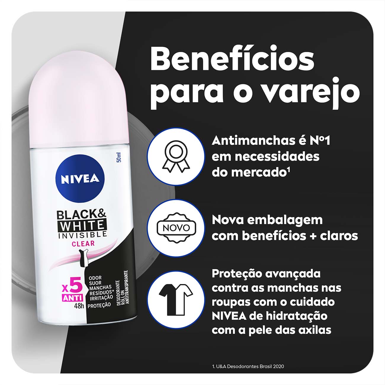 Desodorante Antitranspirante Roll On NIVEA Invisible Black & White Clear 50mL