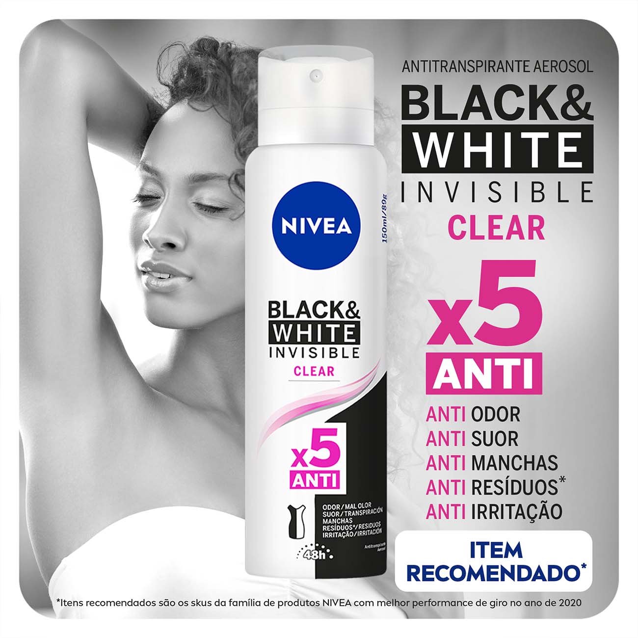 Desodorante Antitranspirante Aerosol NIVEA Invisible Black & White Clear 150mL
