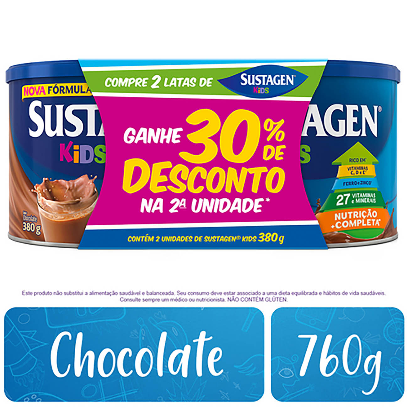 Complemento Alimentar Sustagen Kids Sabor Chocolate Kit Lata  Unidade de 380g Cada