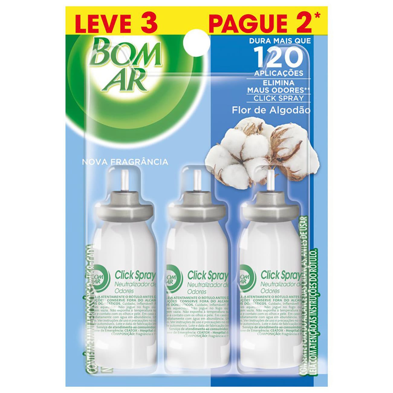 Aromatizador Bom Ar Click Spray Refil Cheirinho de Limpeza Leve 3 Pague 2