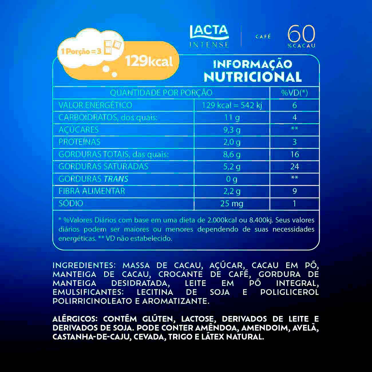 Barra de Chocolate Lacta Intense 60% Cacau Caf 85g | Display 17 unidades