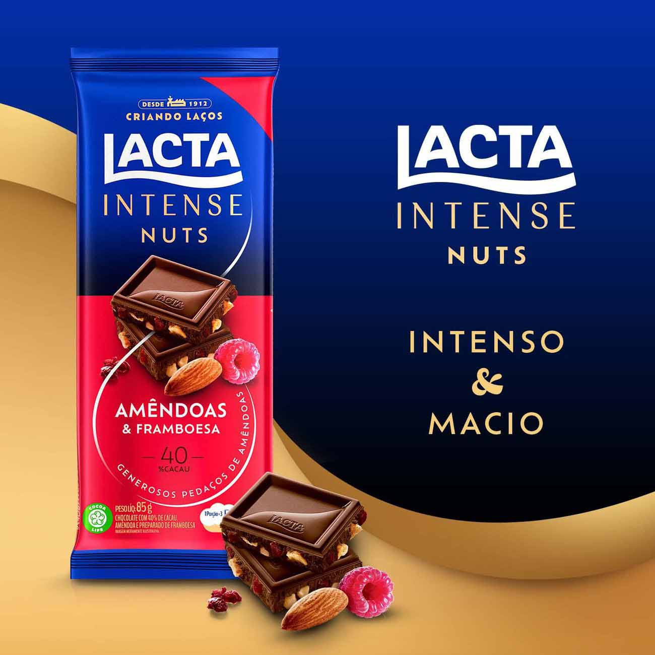 Chocolate Lacta Intense Meio Amargo 40% Cacau Amndoas E Framboesa 85g