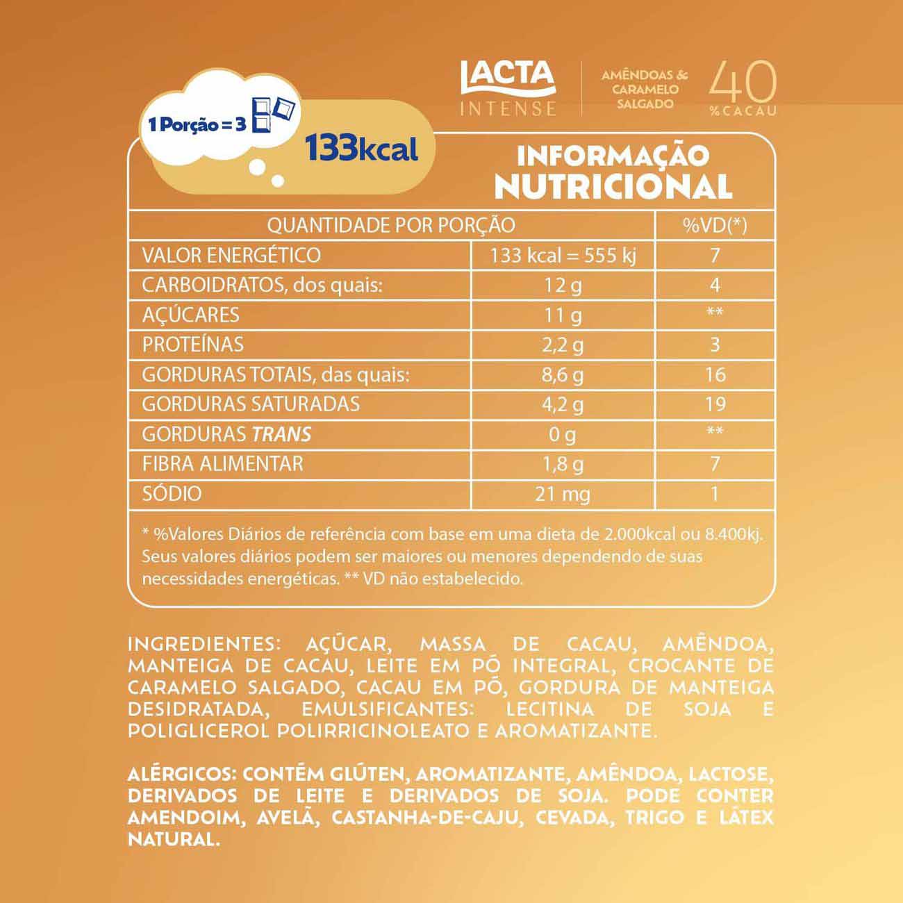 Chocolate Lacta Intense Meio Amargo 40% Cacau Amndoas E Caramelo Salgado 85g