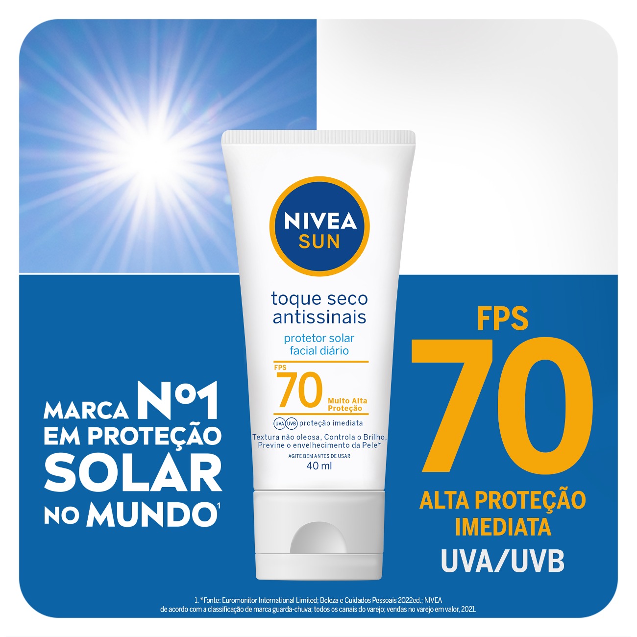 Protetor Solar NIVEA SUN Facial Toque Seco Antissinais FPS70 40mL
