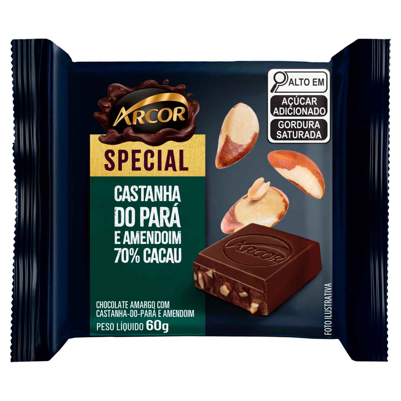 Chocolate Arcor Special Amargo 70% Cacau com Castanha-do-Par e Amendoim 720gr | Caixa com 12 unidades