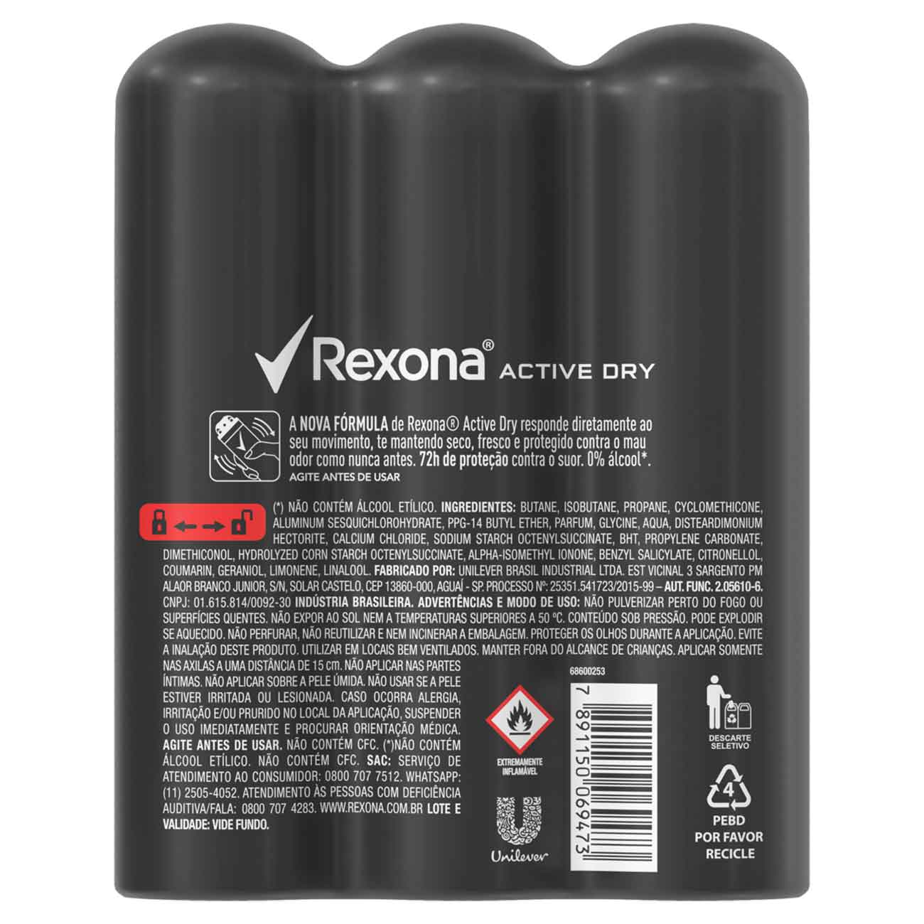 Pack Antitranspirante Aerossol Active Dry Rexona Men 3 Unidades 150mL Cada Spray
