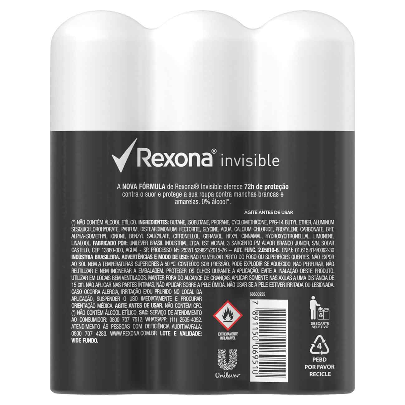 Pack Antitranspirante Aerossol Invisible Rexona 3 Unidades 150mL Cada Spray